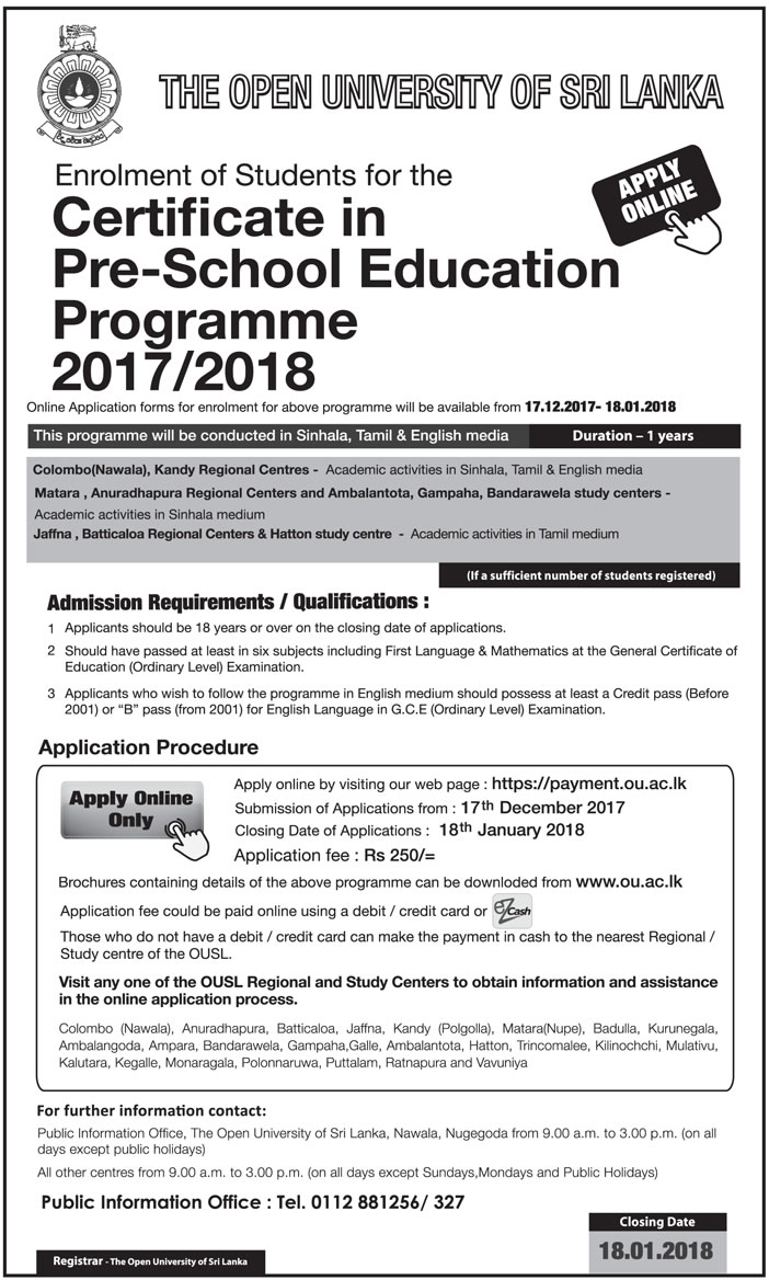 Certificate in Pre-School Education Programme (2017/2018) - The Open University of Sri Lanka